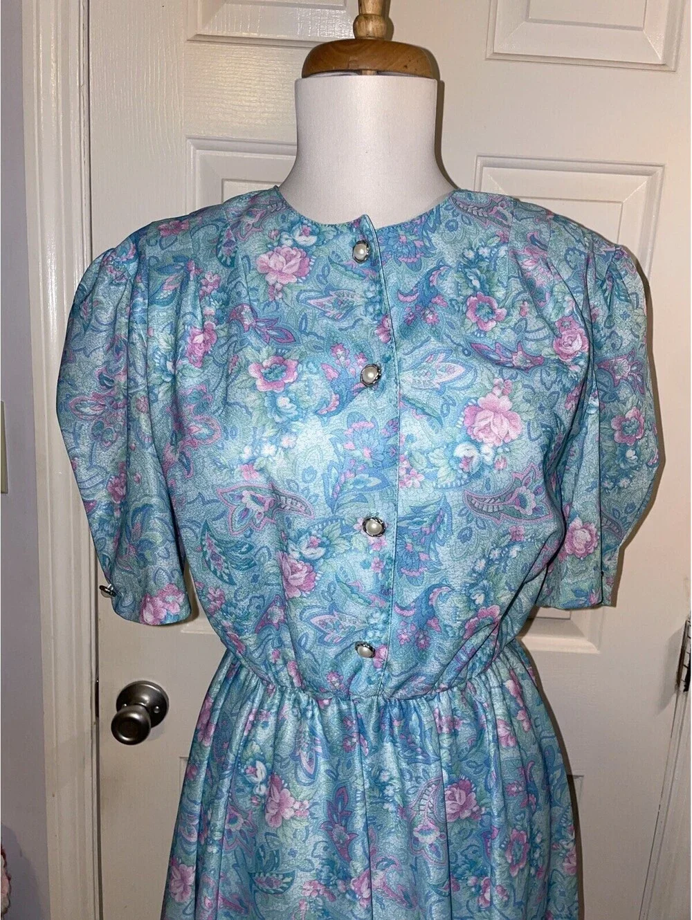 Vintage California Looks Floral Dress Teal Blue Pink Size 8 Petite USA Made